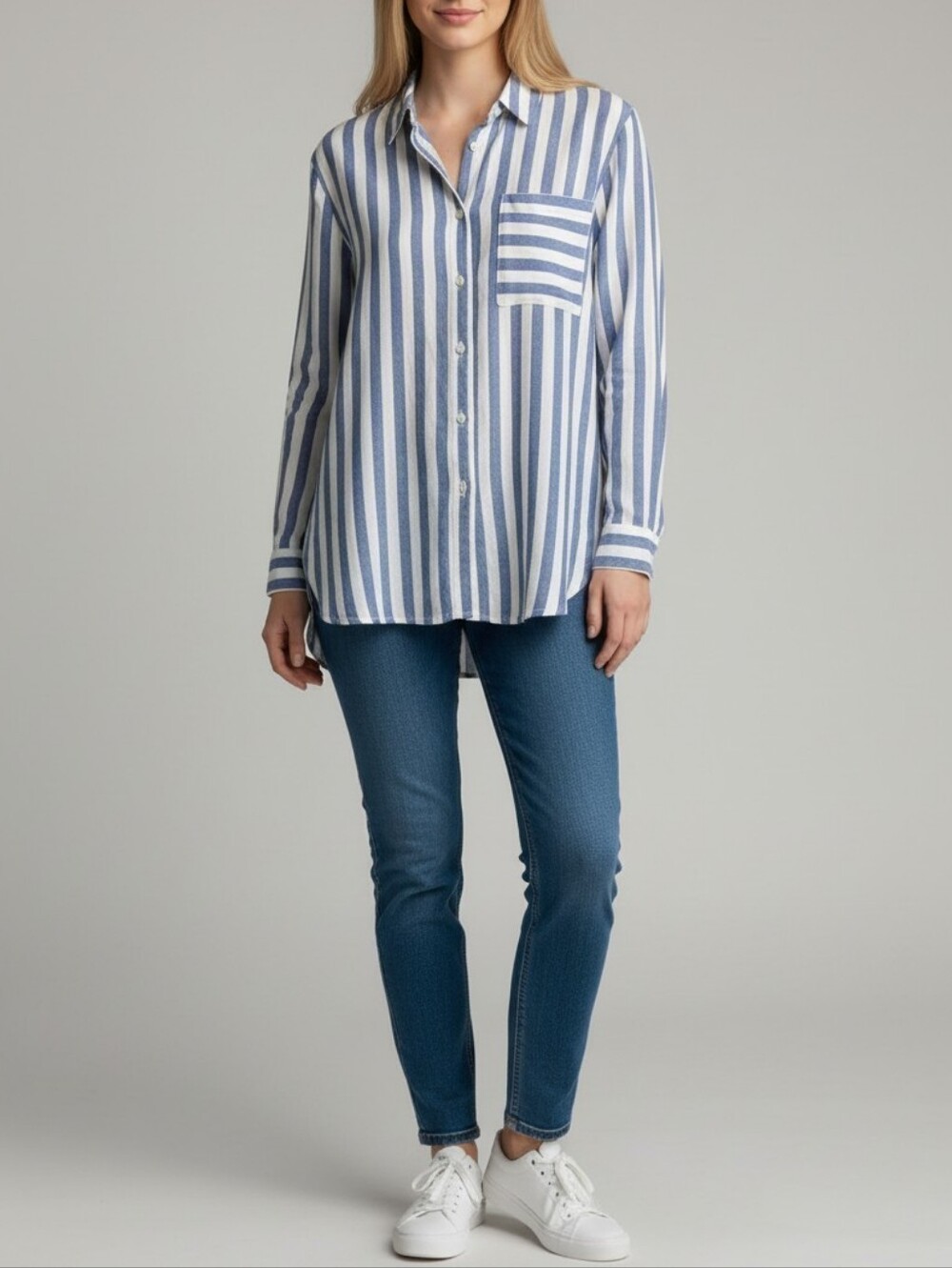 Old Navy Linen Striped The Boyfriend Shirt Womens L Blue White Retro 90s Y2K